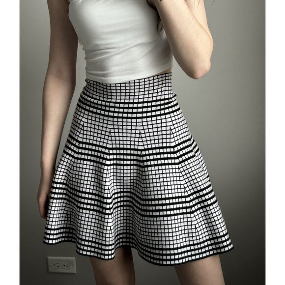 Max Studio White & Black Retro Square Print Skirt M/L – High-Waist A-Line Midi V - Picture 3 of 4